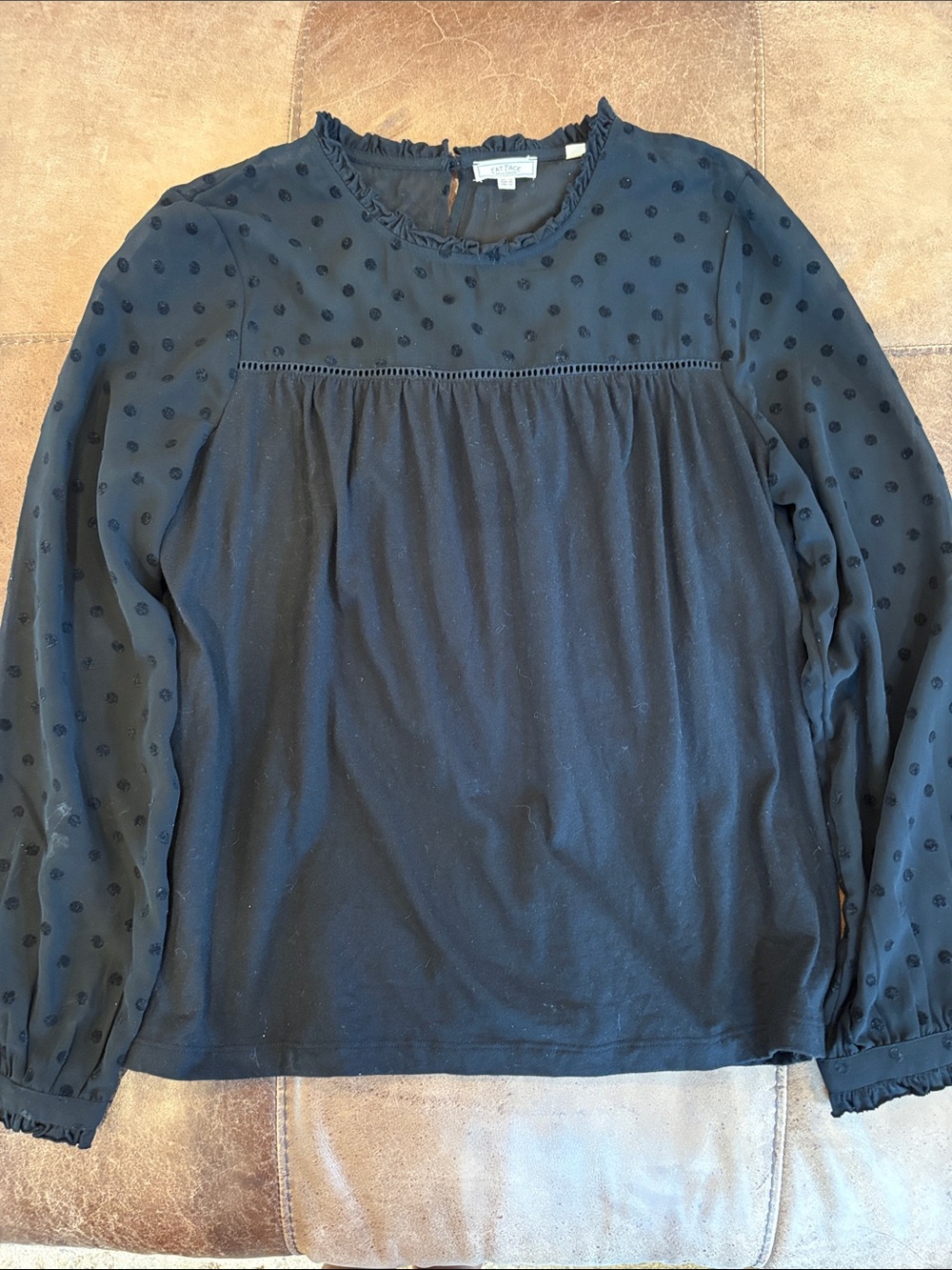 Fat Face Black Swiss Dot Long Sleeve Blouse with Ruffle Neck